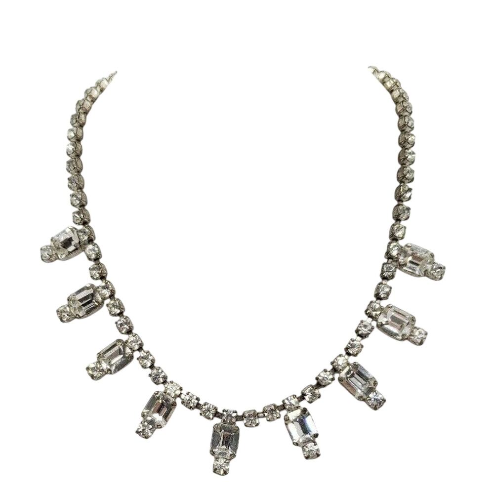 Vintage Necklace 1950's Rhinestone Keyhole Design Choker Baguette Dangle 1940s